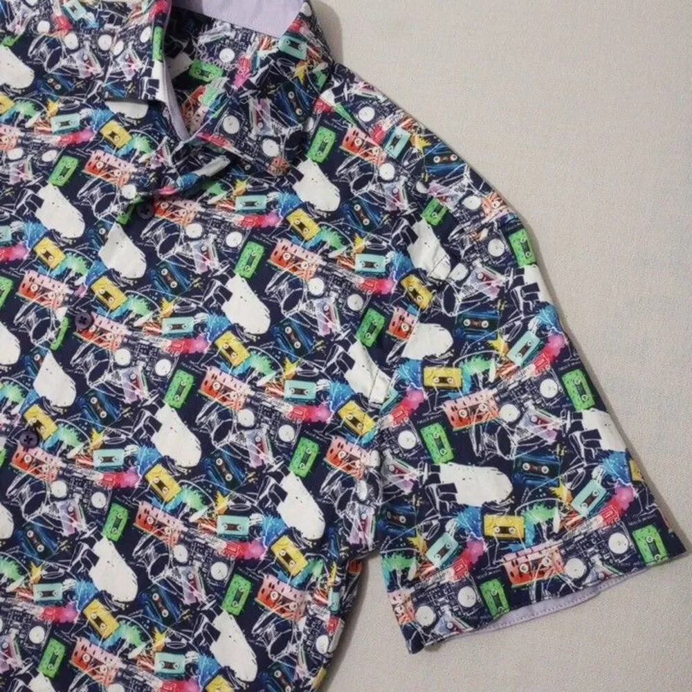 Visconti Black Men's Small Shirt All Over Mixtapes Button Up Short Sleeve‎